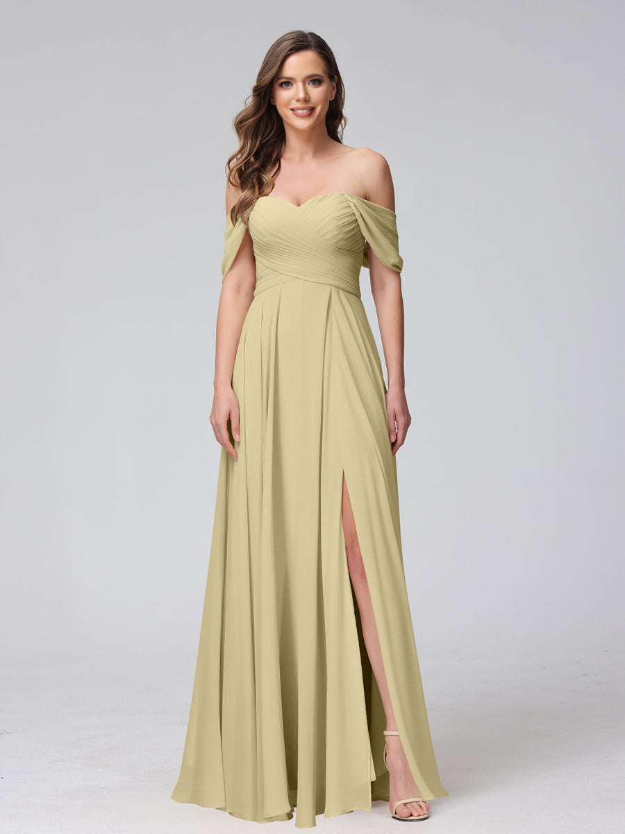 Vestidos de Dama de Honra de Chiffon Longo Sem Mangas com Ombros de Fora e Franzidos com Divisão Lateral