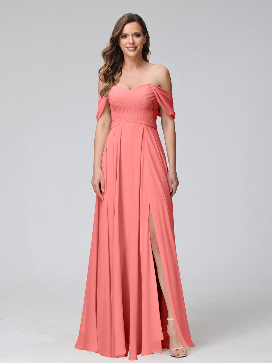 Vestidos de Dama de Honra de Chiffon Longo Sem Mangas com Ombros de Fora e Franzidos com Divisão Lateral