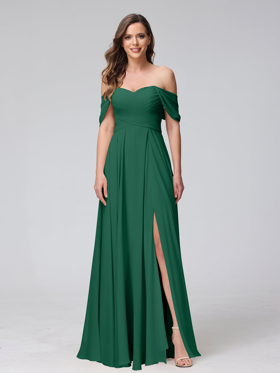 Vestidos de Dama de Honra de Chiffon Longo Sem Mangas com Ombros de Fora e Franzidos com Divisão Lateral