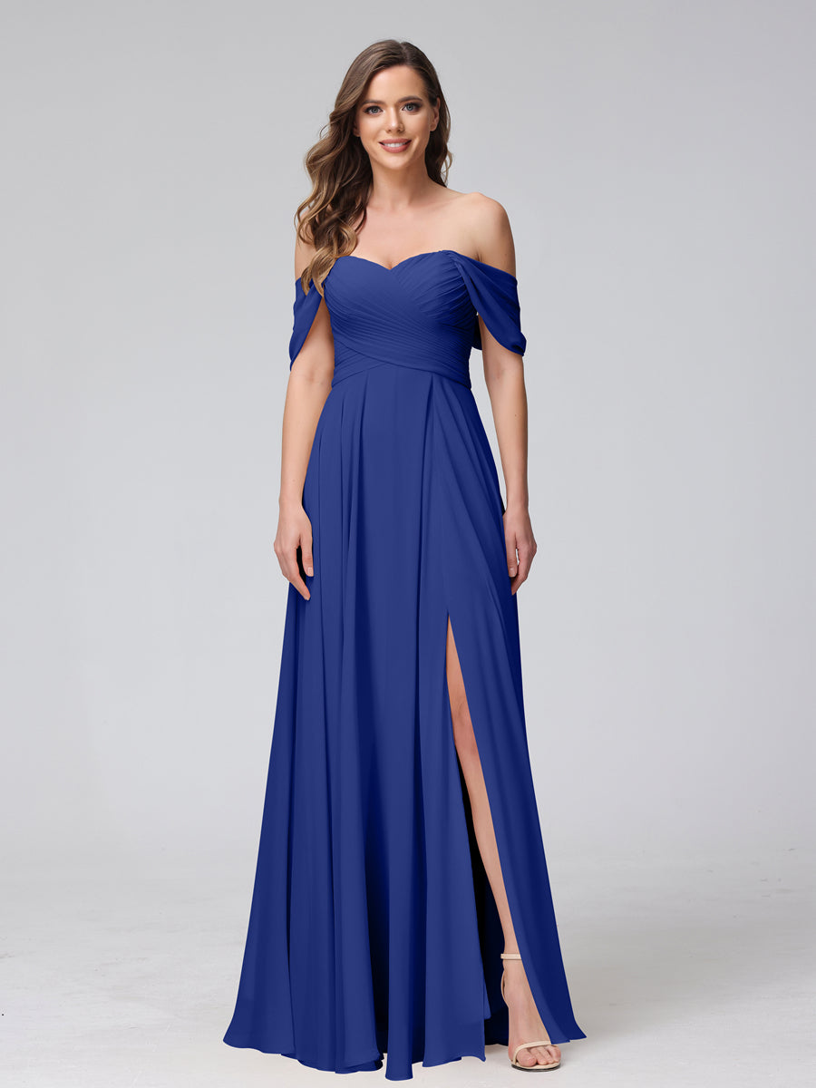 Vestidos de Dama de Honra de Chiffon Longo Sem Mangas com Ombros de Fora e Franzidos com Divisão Lateral