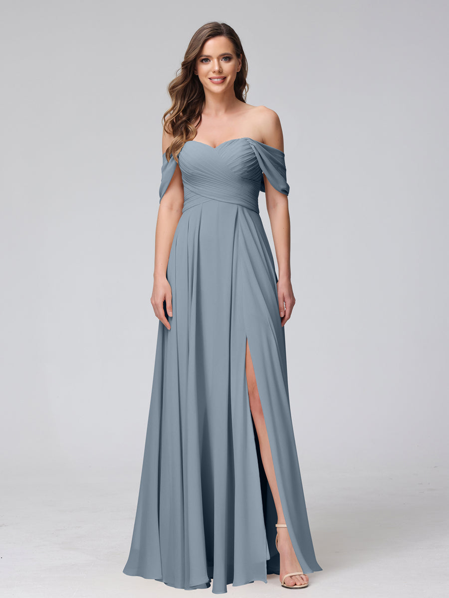Vestidos de Dama de Honra de Chiffon Longo Sem Mangas com Ombros de Fora e Franzidos com Divisão Lateral