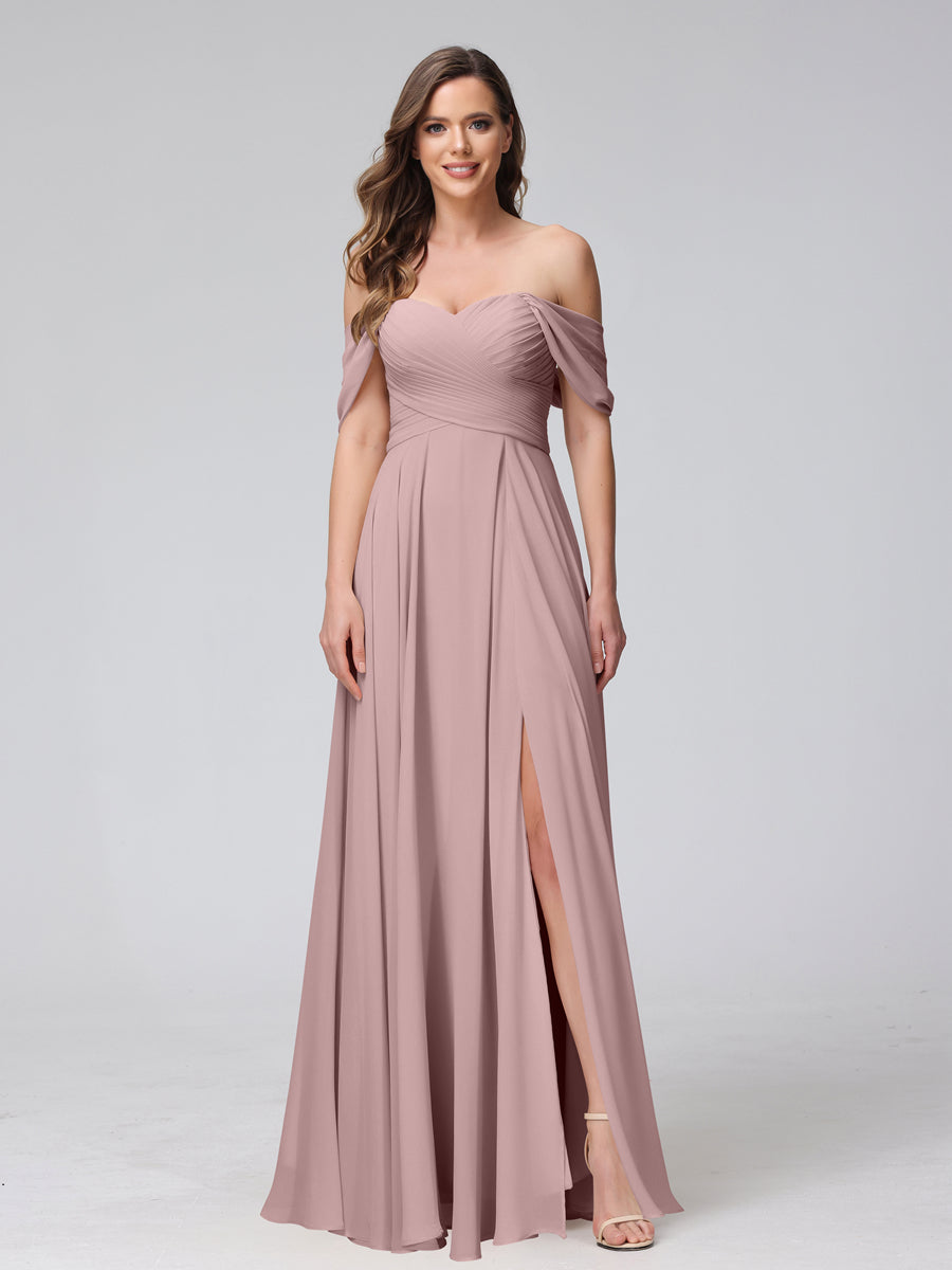Vestidos de Dama de Honra de Chiffon Longo Sem Mangas com Ombros de Fora e Franzidos com Divisão Lateral