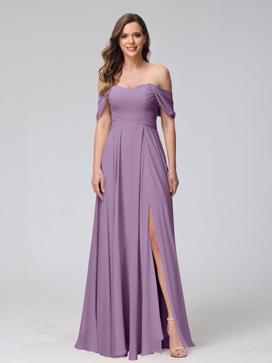Vestidos de Dama de Honra de Chiffon Longo Sem Mangas com Ombros de Fora e Franzidos com Divisão Lateral