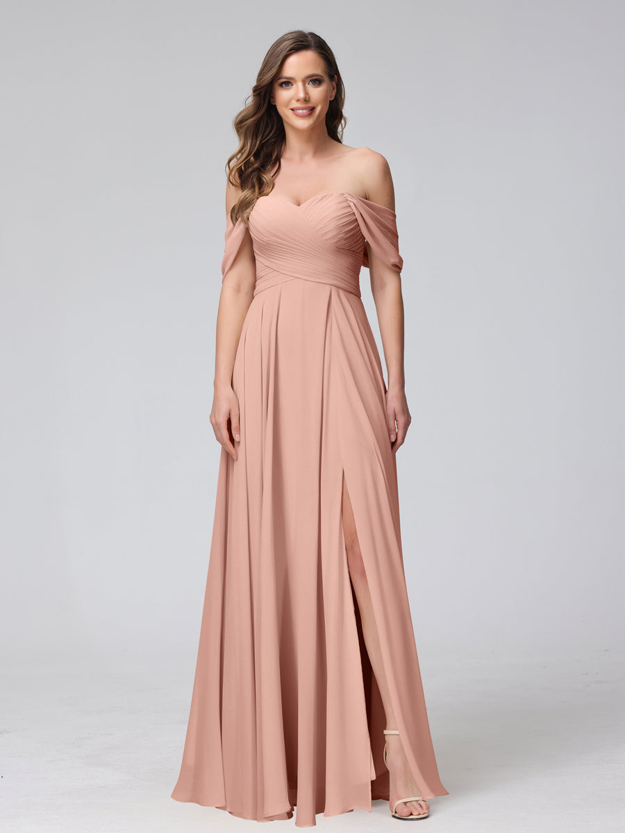 Vestidos de Dama de Honra de Chiffon Longo Sem Mangas com Ombros de Fora e Franzidos com Divisão Lateral