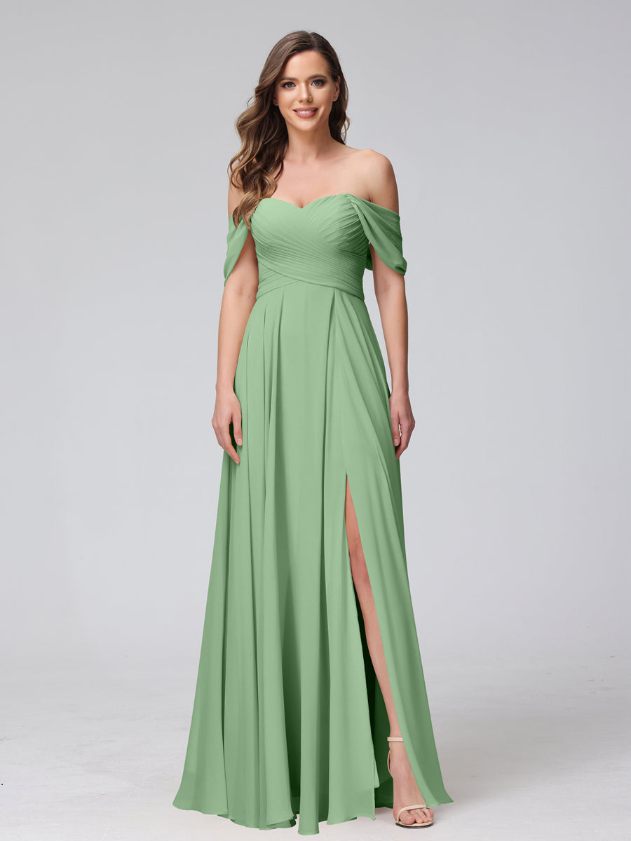 Vestidos de Dama de Honra de Chiffon Longo Sem Mangas com Ombros de Fora e Franzidos com Divisão Lateral