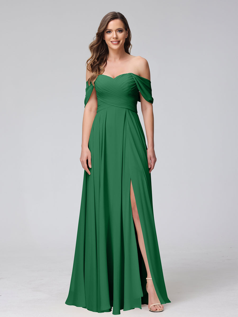Vestidos de Dama de Honra de Chiffon Longo Sem Mangas com Ombros de Fora e Franzidos com Divisão Lateral