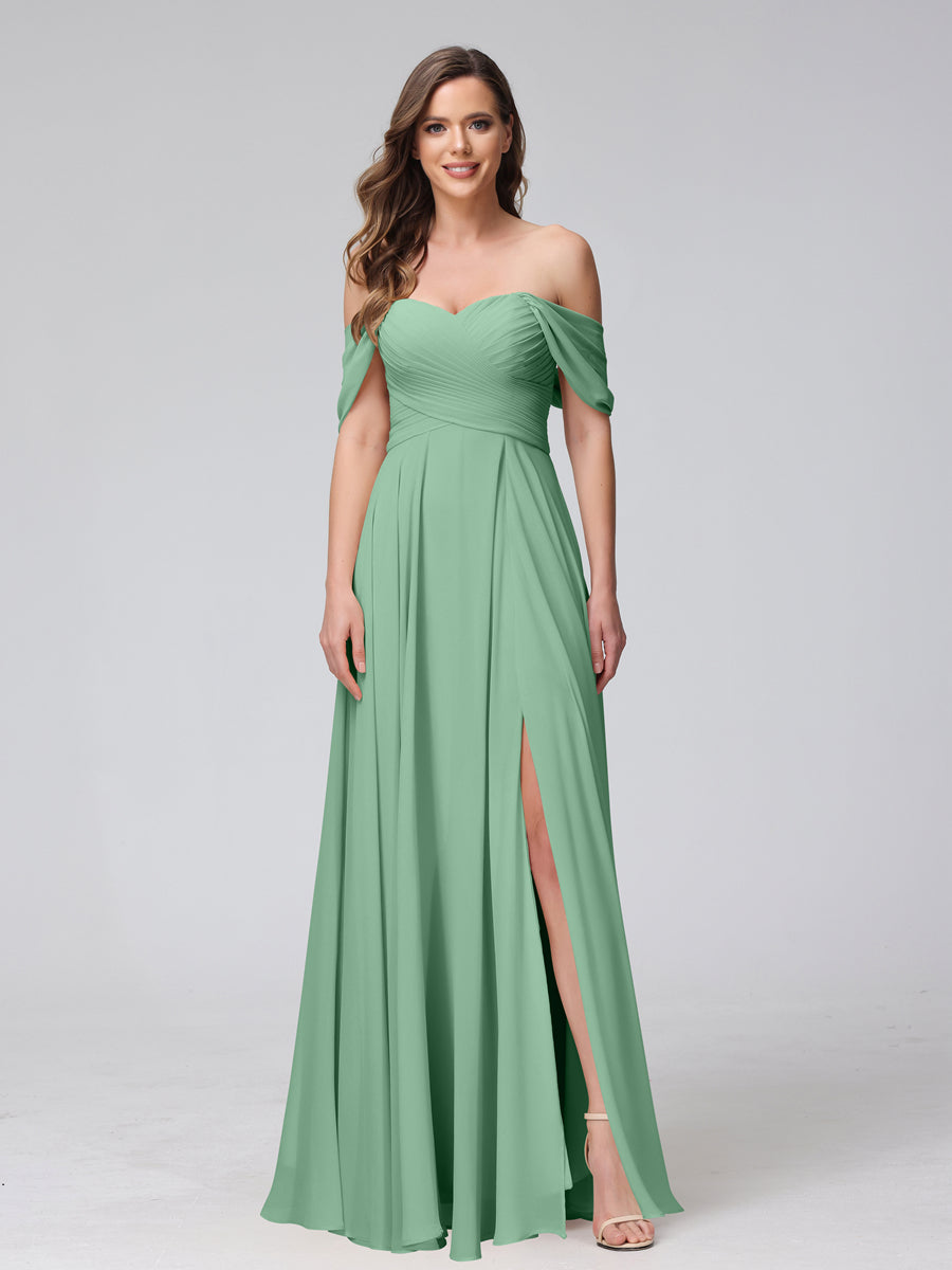 Vestidos de Dama de Honra de Chiffon Longo Sem Mangas com Ombros de Fora e Franzidos com Divisão Lateral