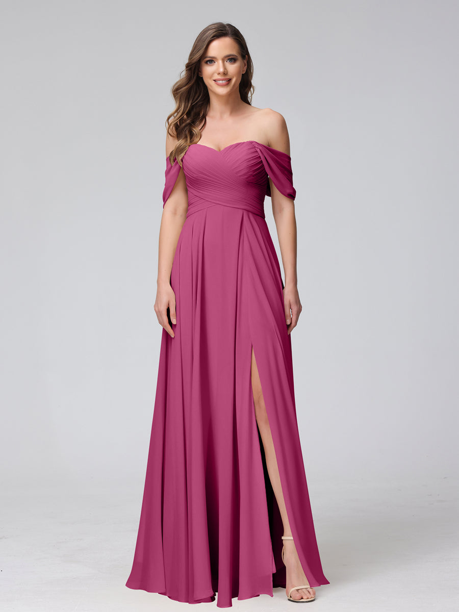 Vestidos de Dama de Honra de Chiffon Longo Sem Mangas com Ombros de Fora e Franzidos com Divisão Lateral
