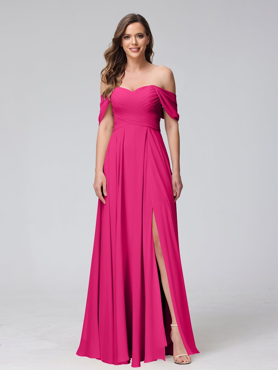 Vestidos de Dama de Honra de Chiffon Longo Sem Mangas com Ombros de Fora e Franzidos com Divisão Lateral