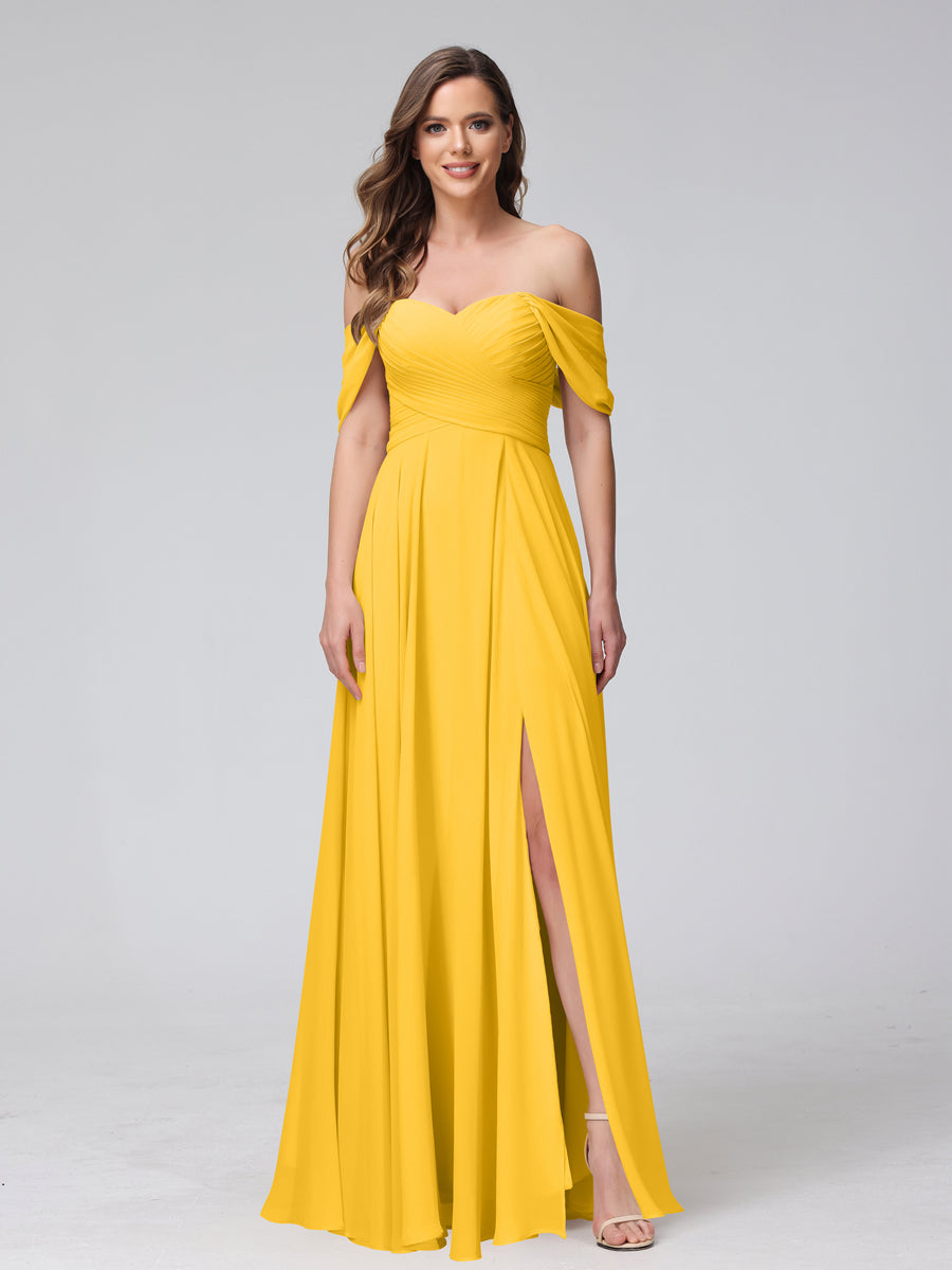 Vestidos de Dama de Honra de Chiffon Longo Sem Mangas com Ombros de Fora e Franzidos com Divisão Lateral