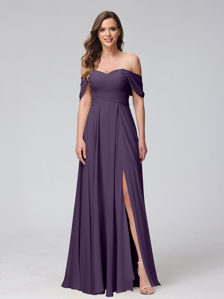 Vestidos de Dama de Honra de Chiffon Longo Sem Mangas com Ombros de Fora e Franzidos com Divisão Lateral