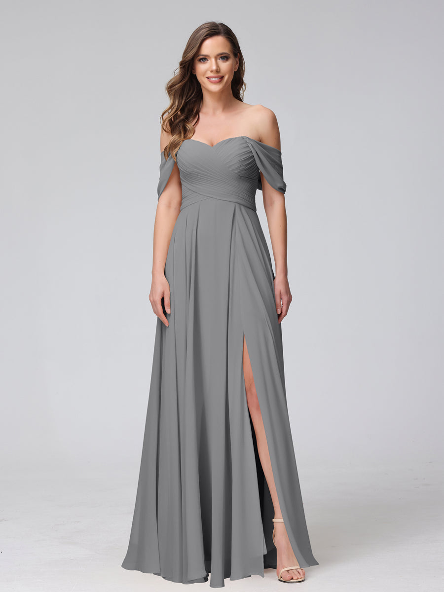 Vestidos de Dama de Honra de Chiffon Longo Sem Mangas com Ombros de Fora e Franzidos com Divisão Lateral