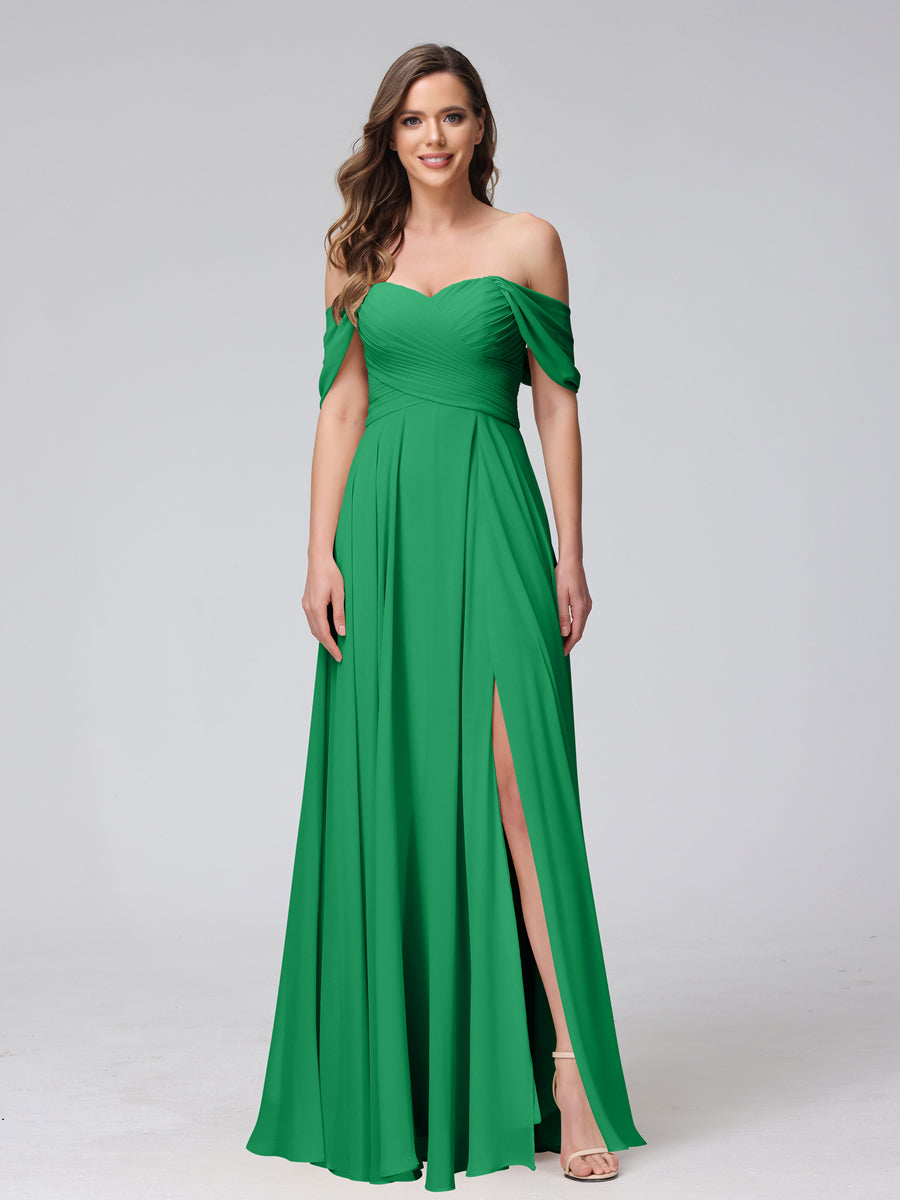 Vestidos de Dama de Honra de Chiffon Longo Sem Mangas com Ombros de Fora e Franzidos com Divisão Lateral