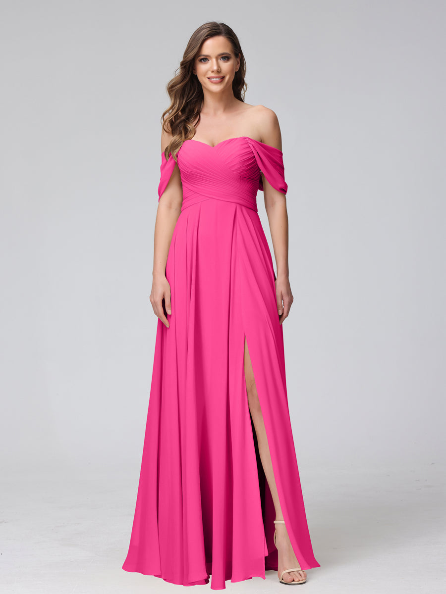 Vestidos de Dama de Honra de Chiffon Longo Sem Mangas com Ombros de Fora e Franzidos com Divisão Lateral