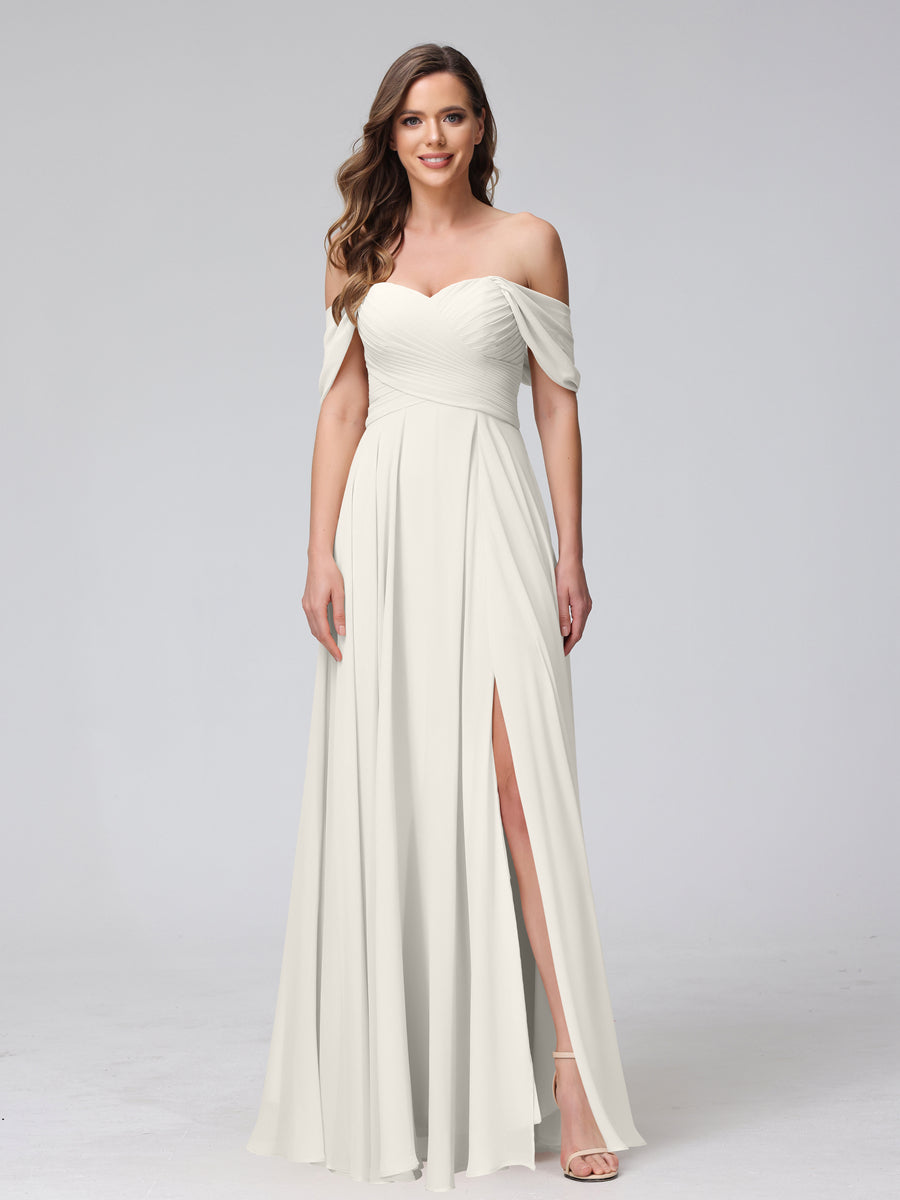 Vestidos de Dama de Honra de Chiffon Longo Sem Mangas com Ombros de Fora e Franzidos com Divisão Lateral