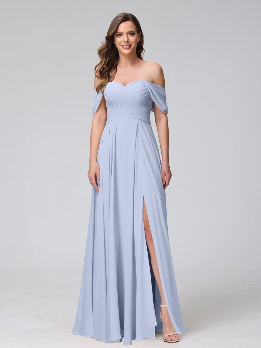 Vestidos de Dama de Honra de Chiffon Longo Sem Mangas com Ombros de Fora e Franzidos com Divisão Lateral