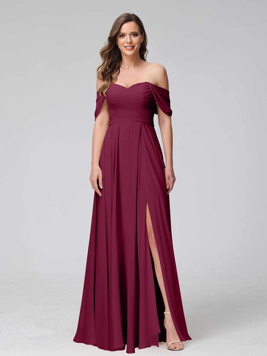 Vestidos de Dama de Honra de Chiffon Longo Sem Mangas com Ombros de Fora e Franzidos com Divisão Lateral