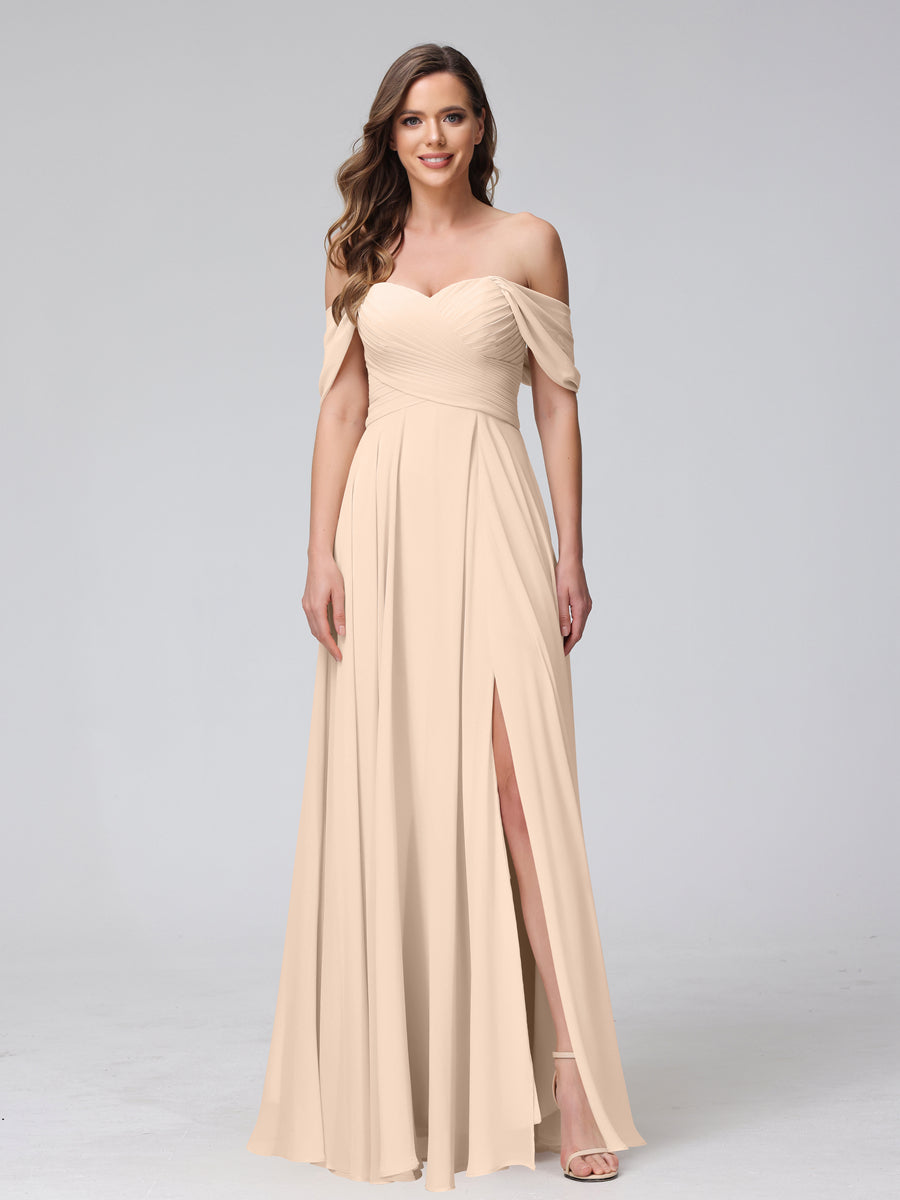 Vestidos de Dama de Honra de Chiffon Longo Sem Mangas com Ombros de Fora e Franzidos com Divisão Lateral