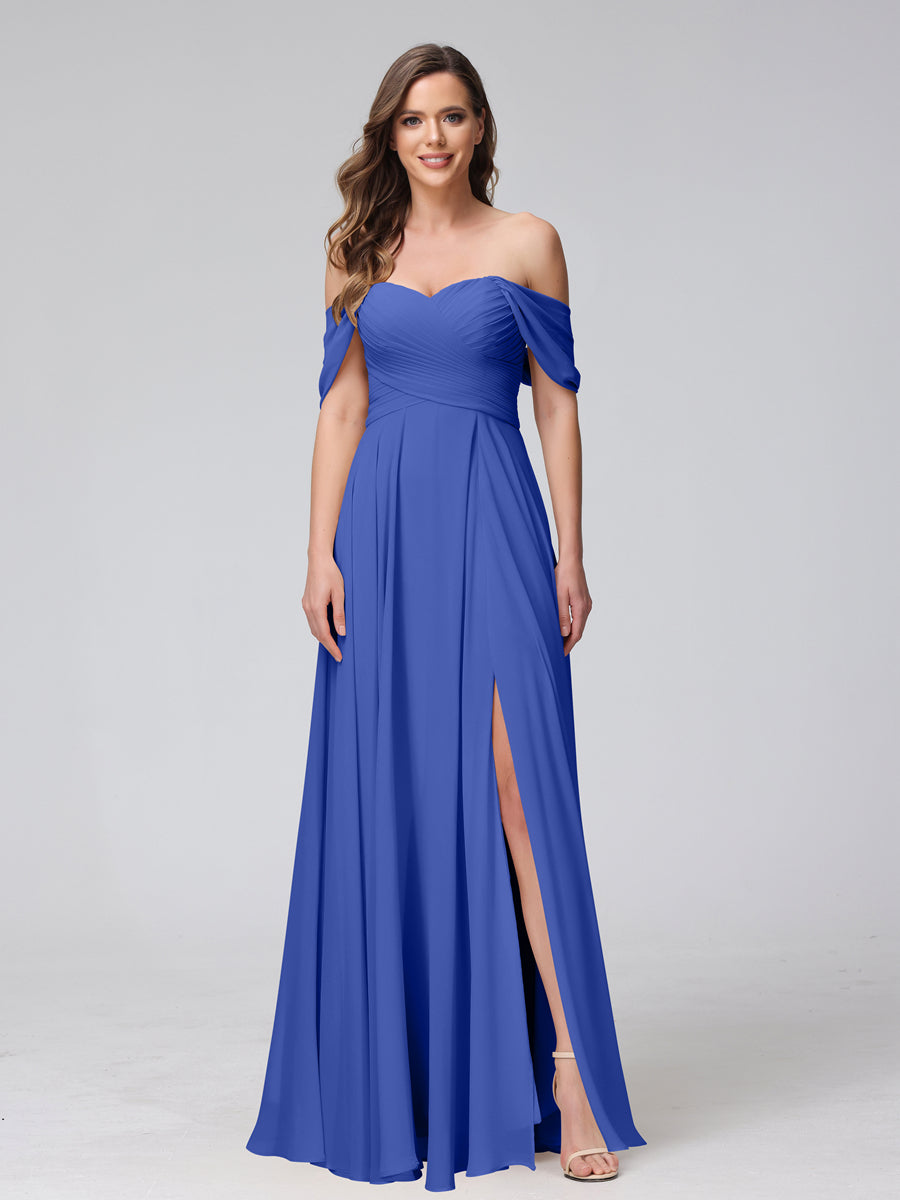 Vestidos de Dama de Honra de Chiffon Longo Sem Mangas com Ombros de Fora e Franzidos com Divisão Lateral