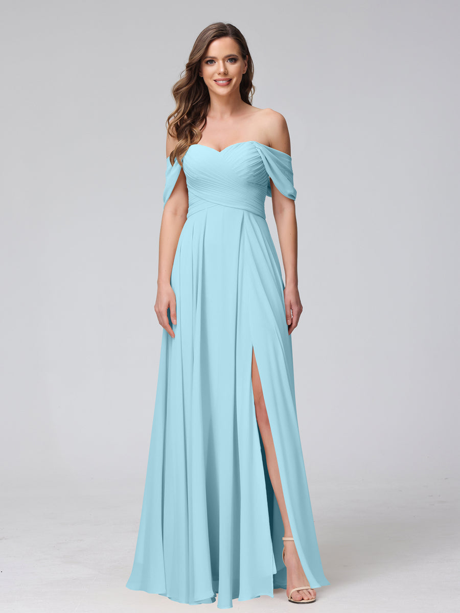 Vestidos de Dama de Honra de Chiffon Longo Sem Mangas com Ombros de Fora e Franzidos com Divisão Lateral