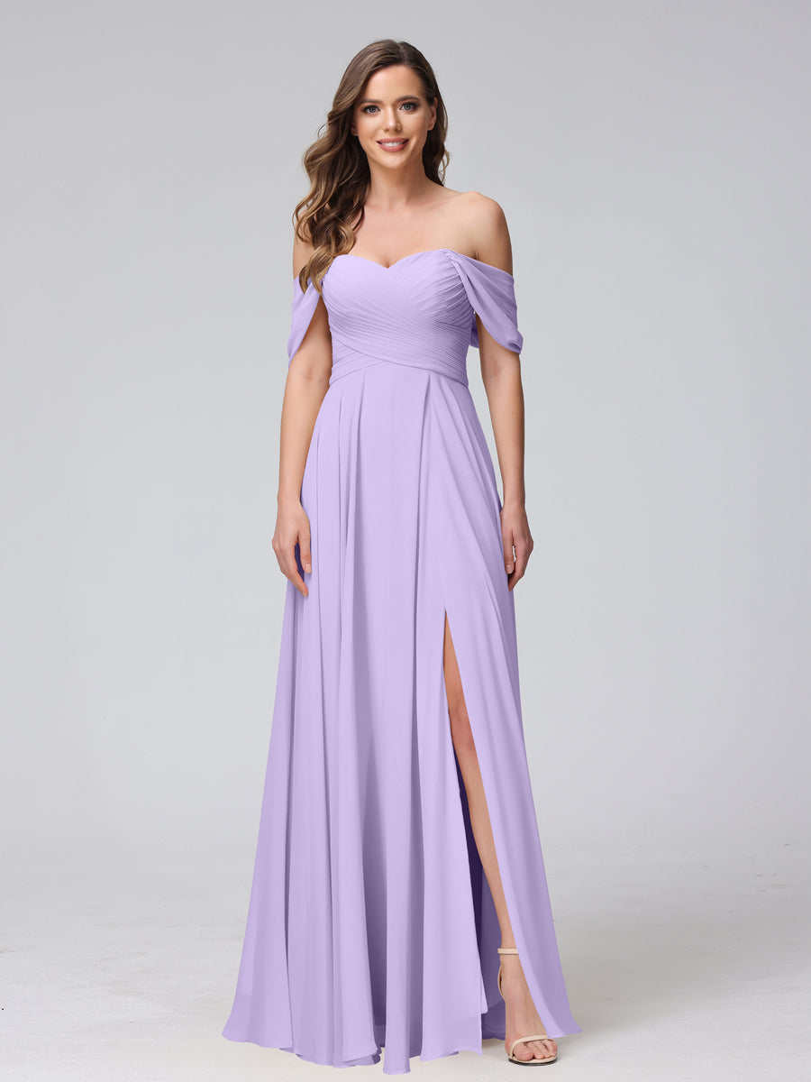 Vestidos de Dama de Honra de Chiffon Longo Sem Mangas com Ombros de Fora e Franzidos com Divisão Lateral