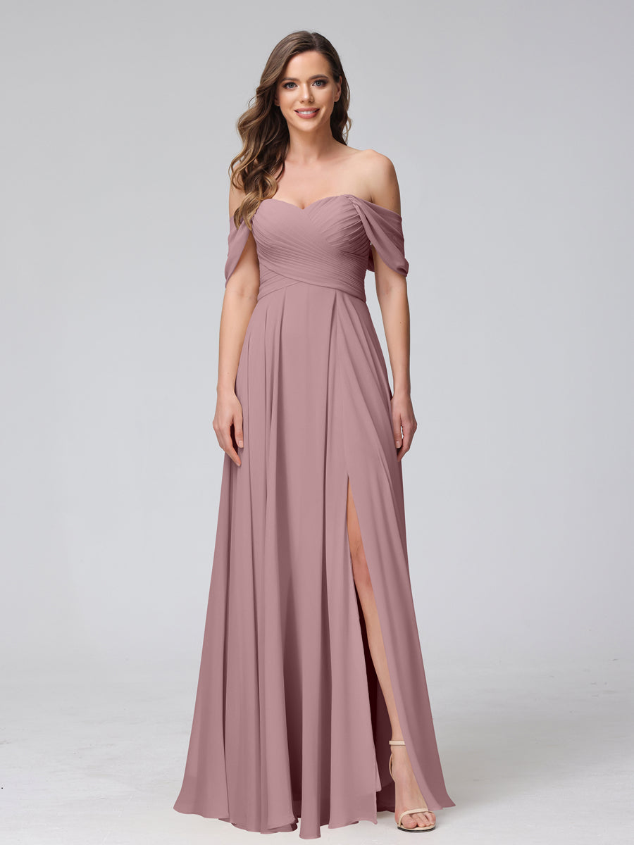 Vestidos de Dama de Honra de Chiffon Longo Sem Mangas com Ombros de Fora e Franzidos com Divisão Lateral