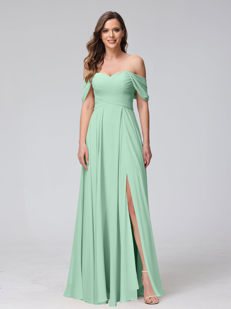 Vestidos de Dama de Honra de Chiffon Longo Sem Mangas com Ombros de Fora e Franzidos com Divisão Lateral