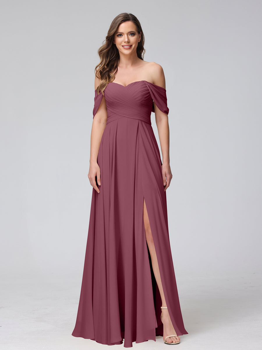 Vestidos de Dama de Honra de Chiffon Longo Sem Mangas com Ombros de Fora e Franzidos com Divisão Lateral