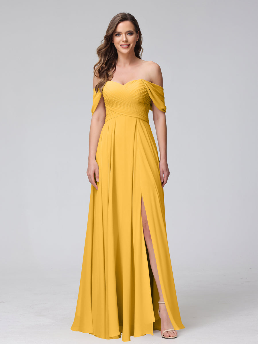 Vestidos de Dama de Honra de Chiffon Longo Sem Mangas com Ombros de Fora e Franzidos com Divisão Lateral