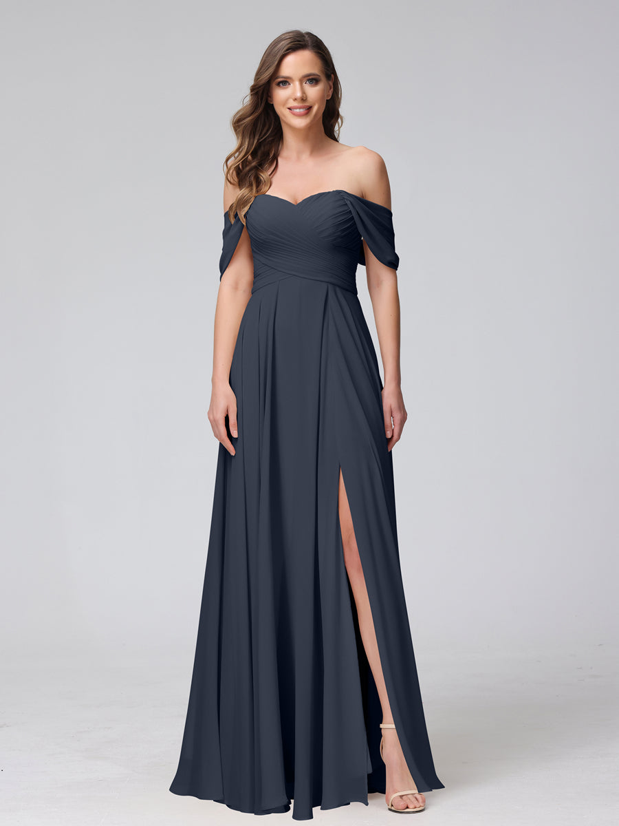 Vestidos de Dama de Honra de Chiffon Longo Sem Mangas com Ombros de Fora e Franzidos com Divisão Lateral