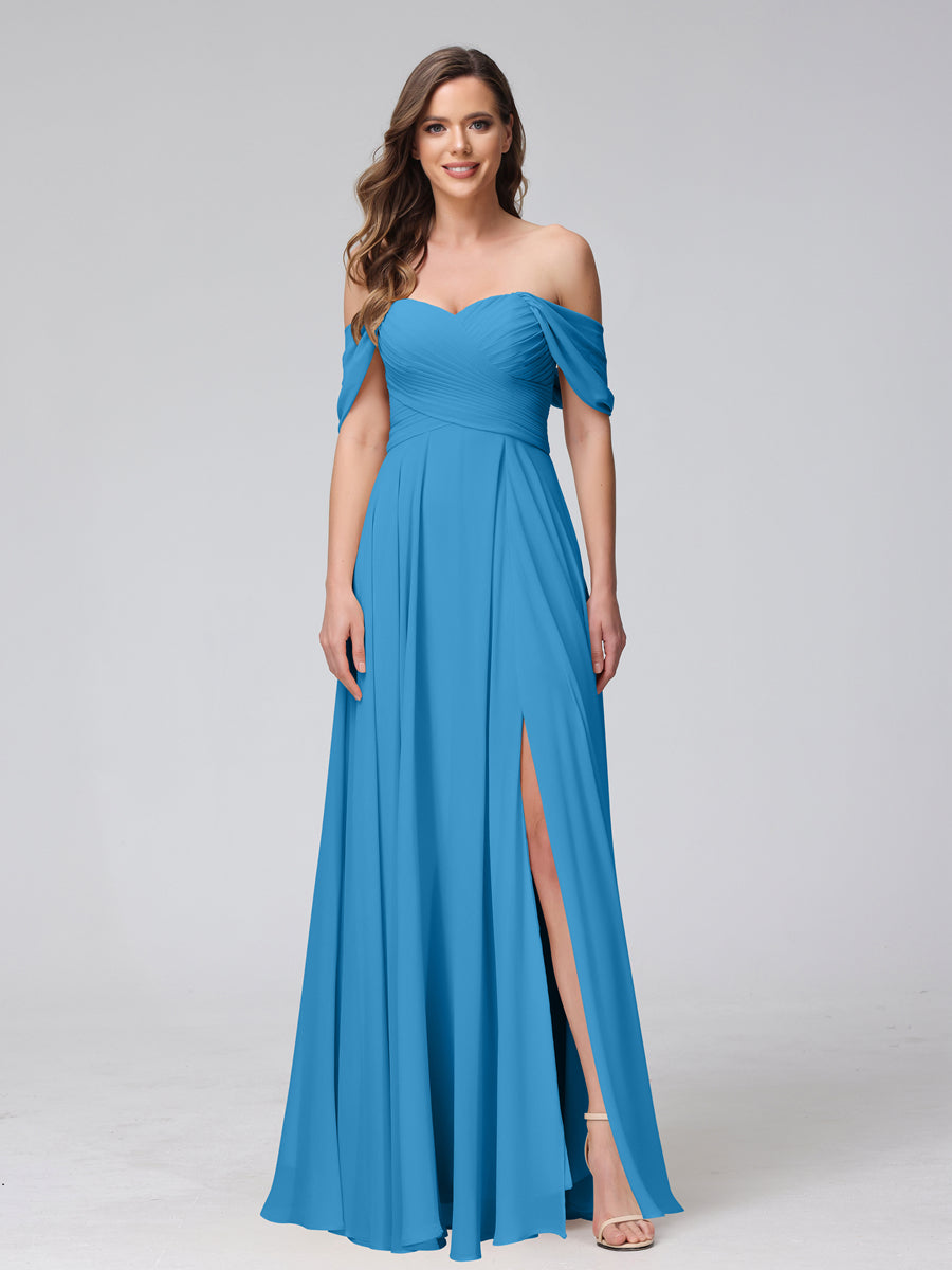 Vestidos de Dama de Honra de Chiffon Longo Sem Mangas com Ombros de Fora e Franzidos com Divisão Lateral