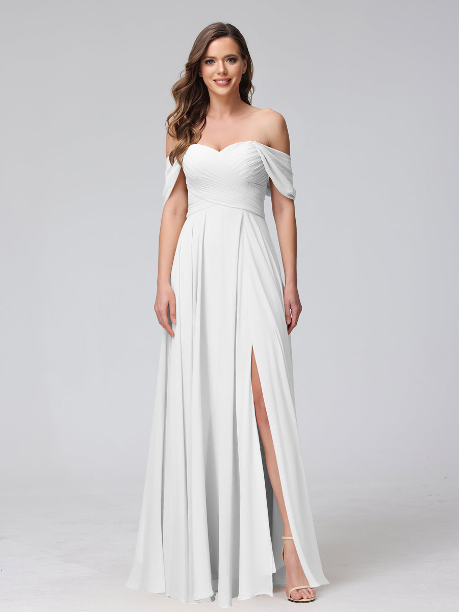 Vestidos de Dama de Honra de Chiffon Longo Sem Mangas com Ombros de Fora e Franzidos com Divisão Lateral