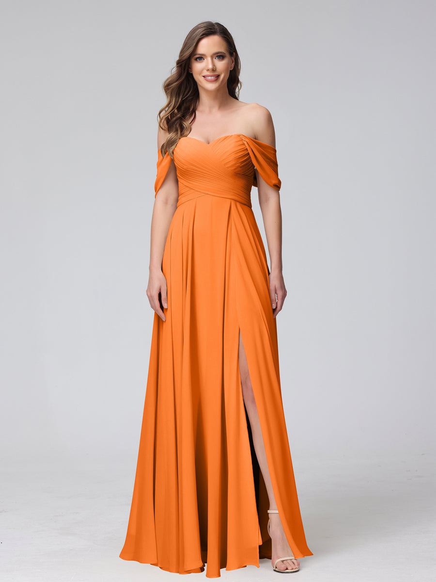 Vestidos de Dama de Honra de Chiffon Longo Sem Mangas com Ombros de Fora e Franzidos com Divisão Lateral