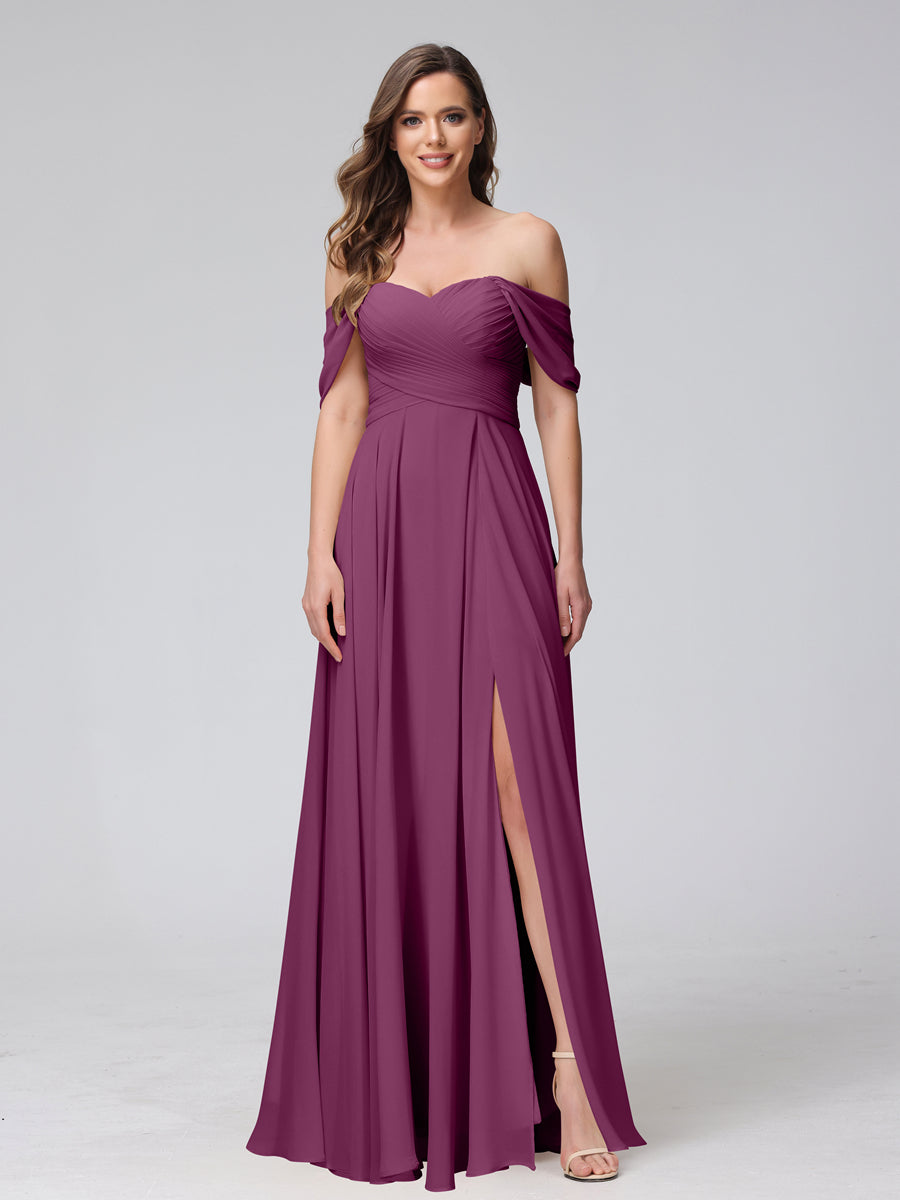 Vestidos de Dama de Honra de Chiffon Longo Sem Mangas com Ombros de Fora e Franzidos com Divisão Lateral