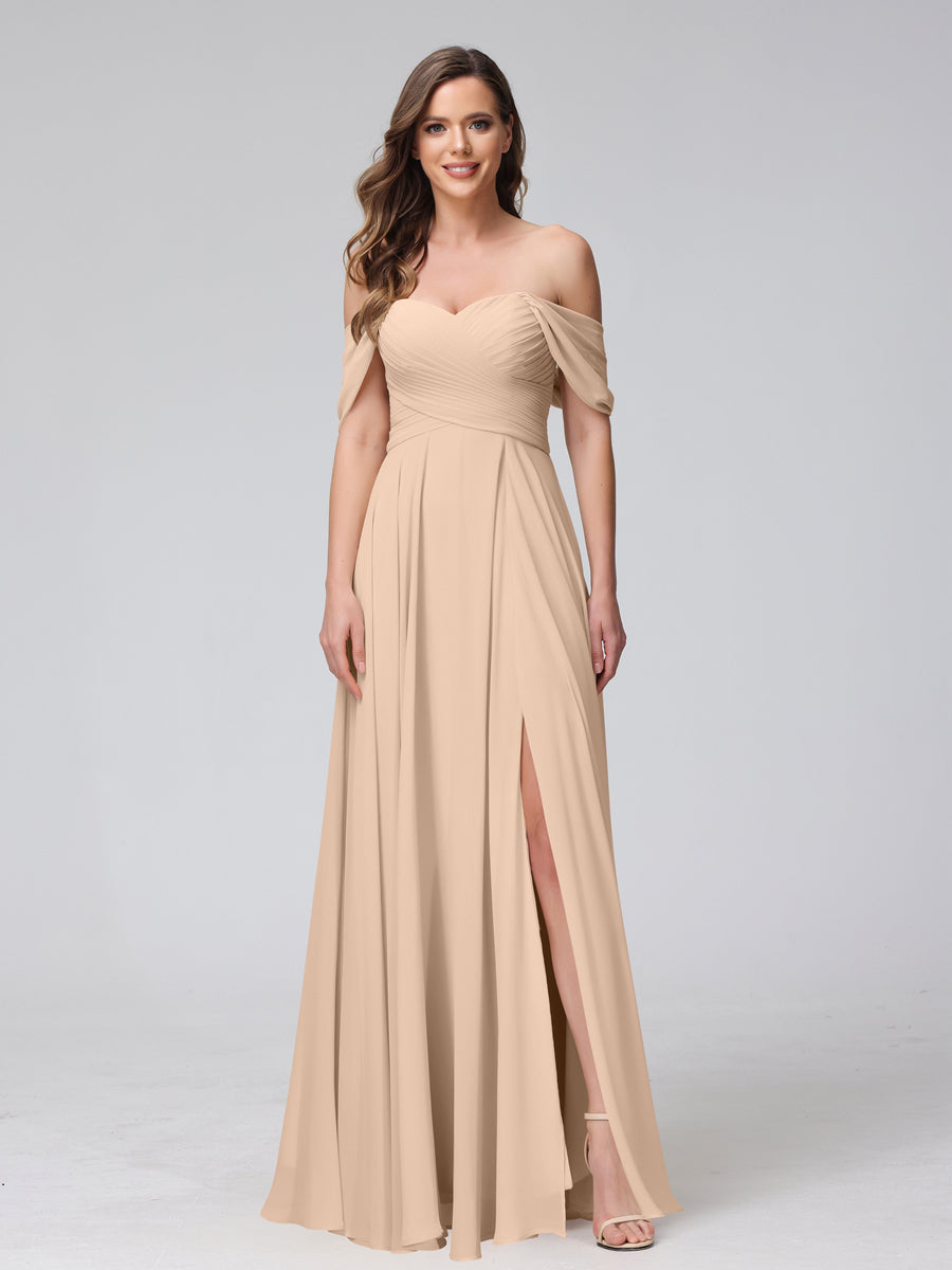 Vestidos de Dama de Honra de Chiffon Longo Sem Mangas com Ombros de Fora e Franzidos com Divisão Lateral