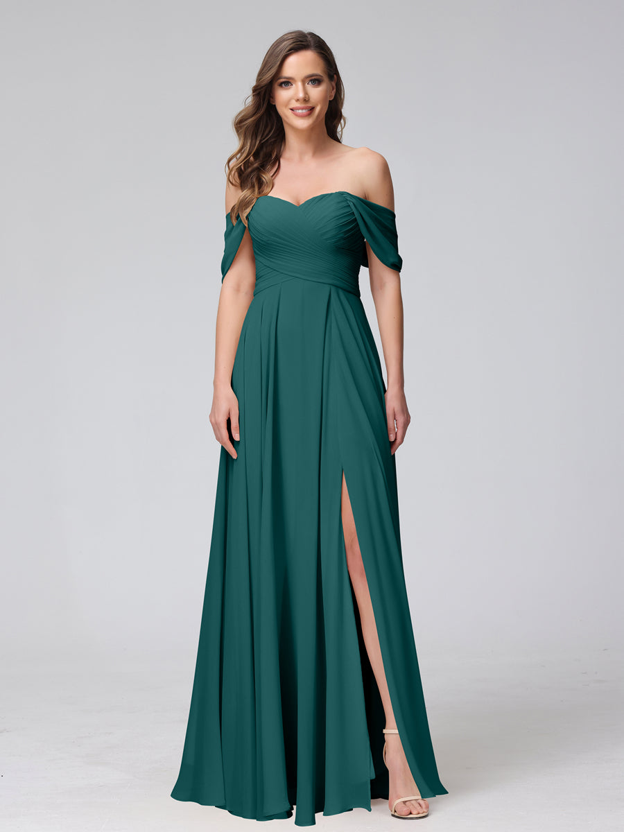 Vestidos de Dama de Honra de Chiffon Longo Sem Mangas com Ombros de Fora e Franzidos com Divisão Lateral
