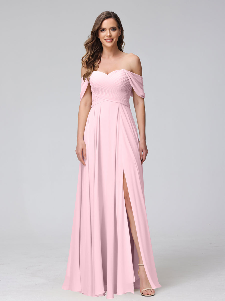 Vestidos de Dama de Honra de Chiffon Longo Sem Mangas com Ombros de Fora e Franzidos com Divisão Lateral