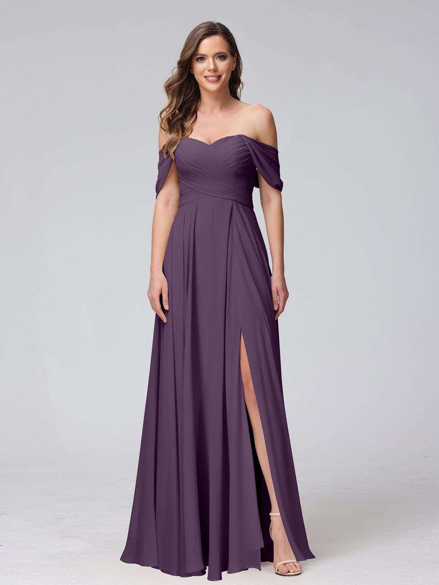 Vestidos de Dama de Honra de Chiffon Longo Sem Mangas com Ombros de Fora e Franzidos com Divisão Lateral