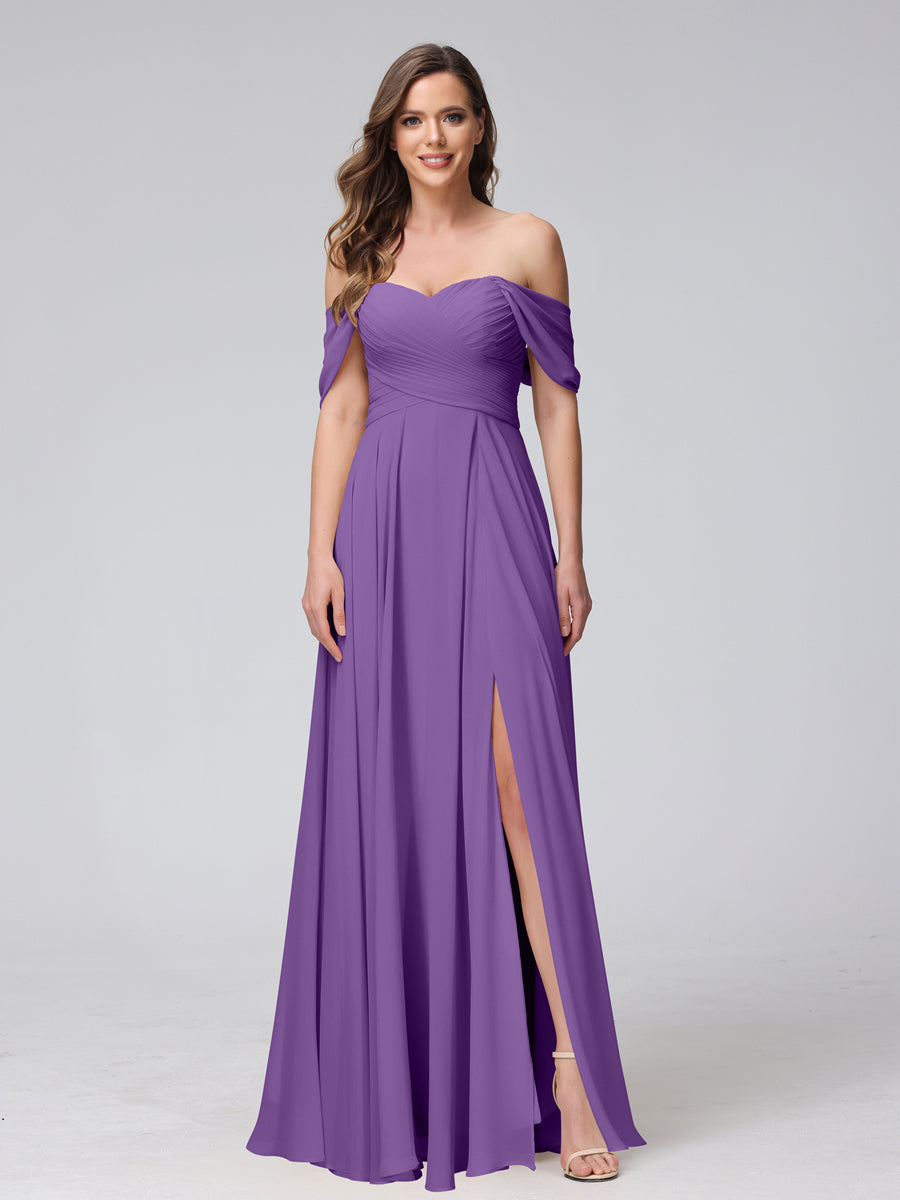 Vestidos de Dama de Honra de Chiffon Longo Sem Mangas com Ombros de Fora e Franzidos com Divisão Lateral
