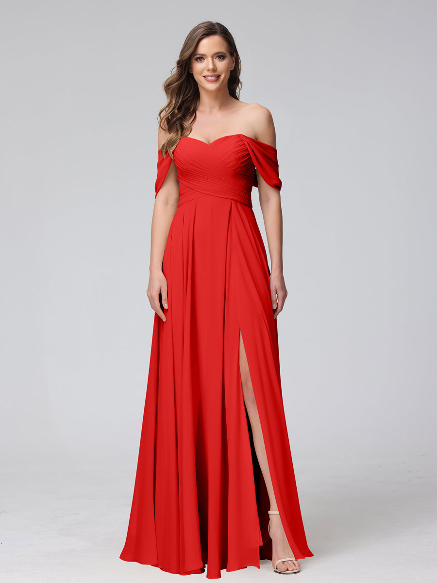 Vestidos de Dama de Honra de Chiffon Longo Sem Mangas com Ombros de Fora e Franzidos com Divisão Lateral