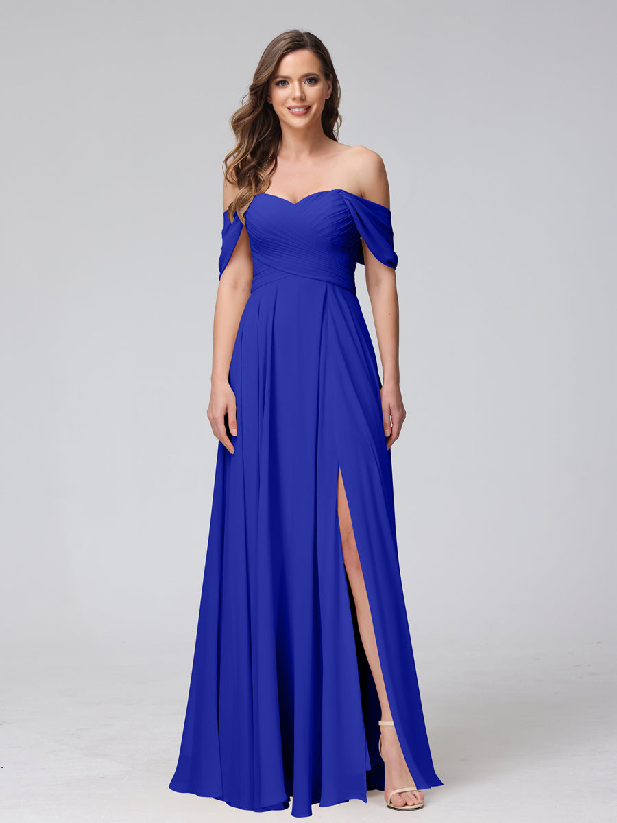 Vestidos de Dama de Honra de Chiffon Longo Sem Mangas com Ombros de Fora e Franzidos com Divisão Lateral