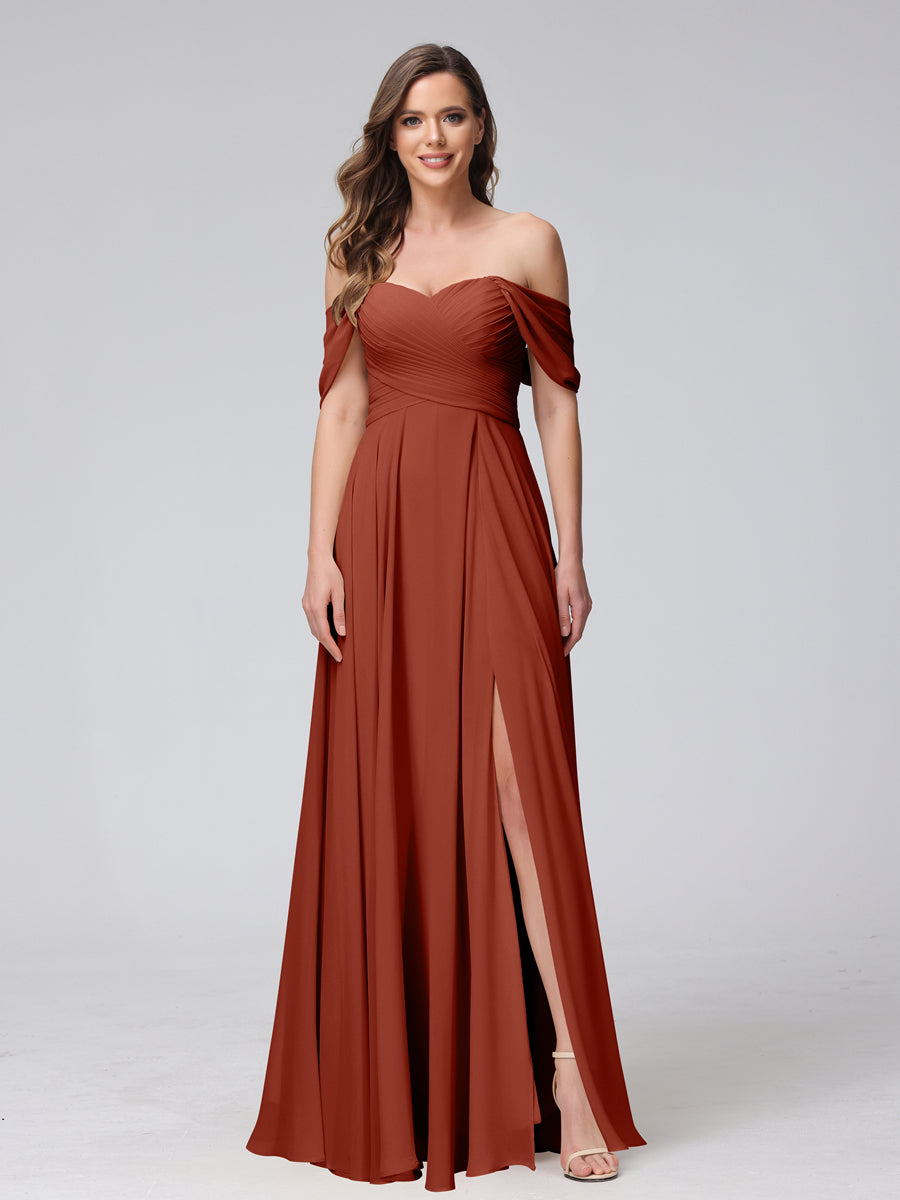 Vestidos de Dama de Honra de Chiffon Longo Sem Mangas com Ombros de Fora e Franzidos com Divisão Lateral