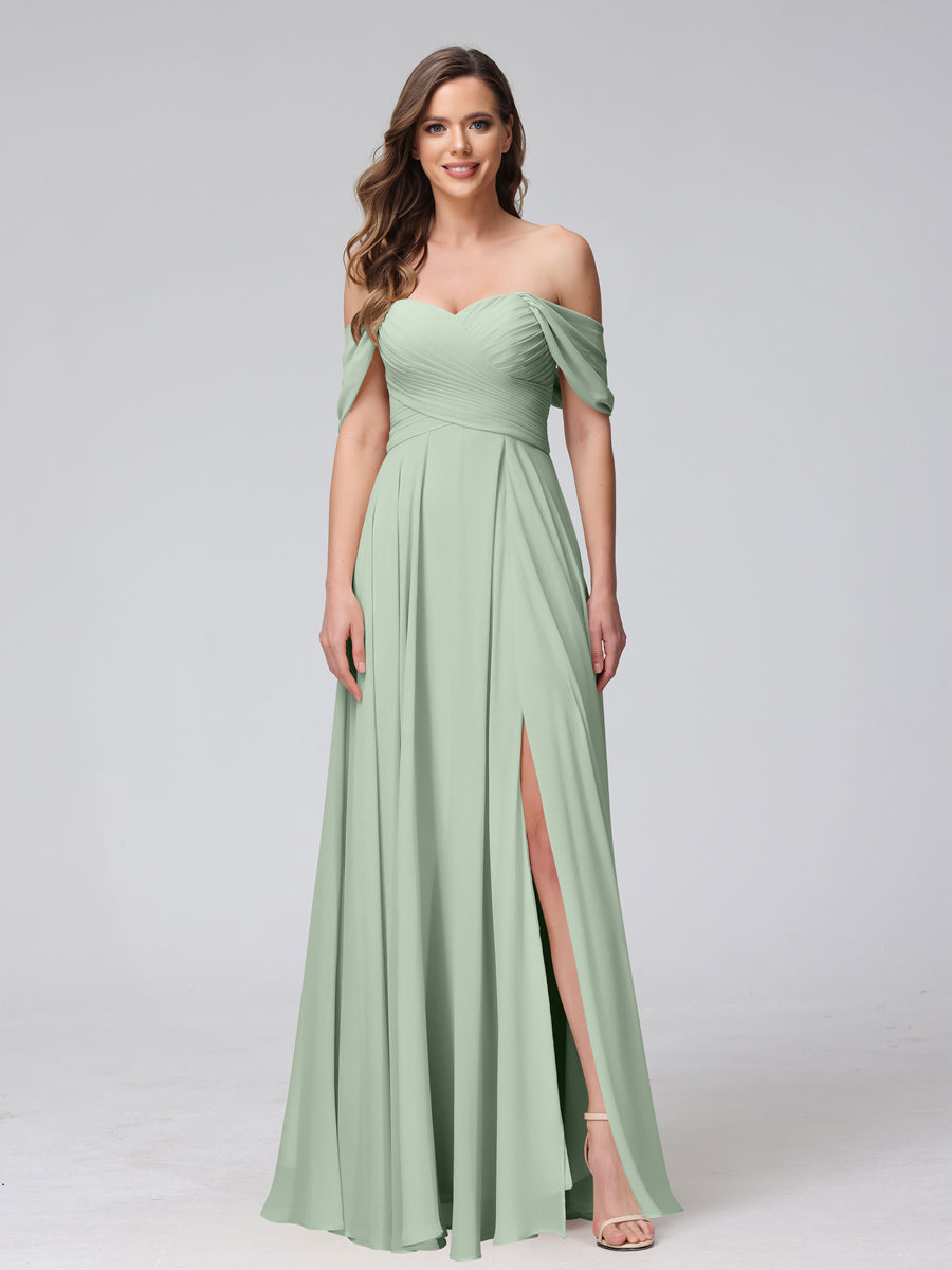Vestidos de Dama de Honra de Chiffon Longo Sem Mangas com Ombros de Fora e Franzidos com Divisão Lateral