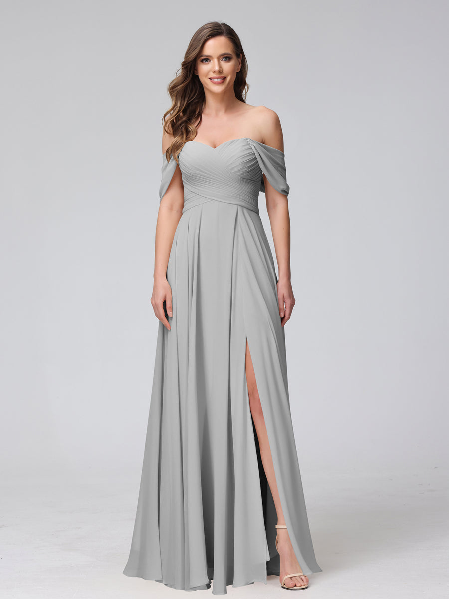 Vestidos de Dama de Honra de Chiffon Longo Sem Mangas com Ombros de Fora e Franzidos com Divisão Lateral