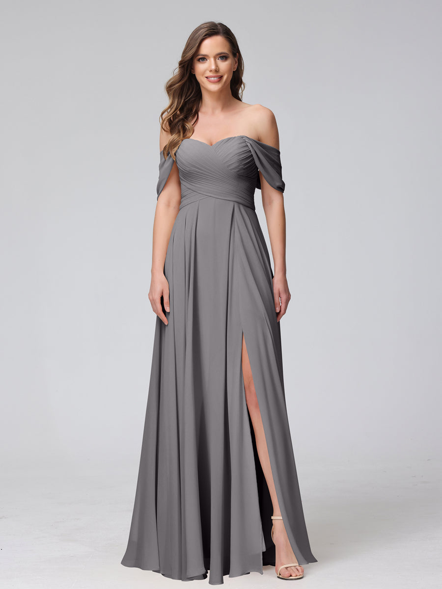 Vestidos de Dama de Honra de Chiffon Longo Sem Mangas com Ombros de Fora e Franzidos com Divisão Lateral