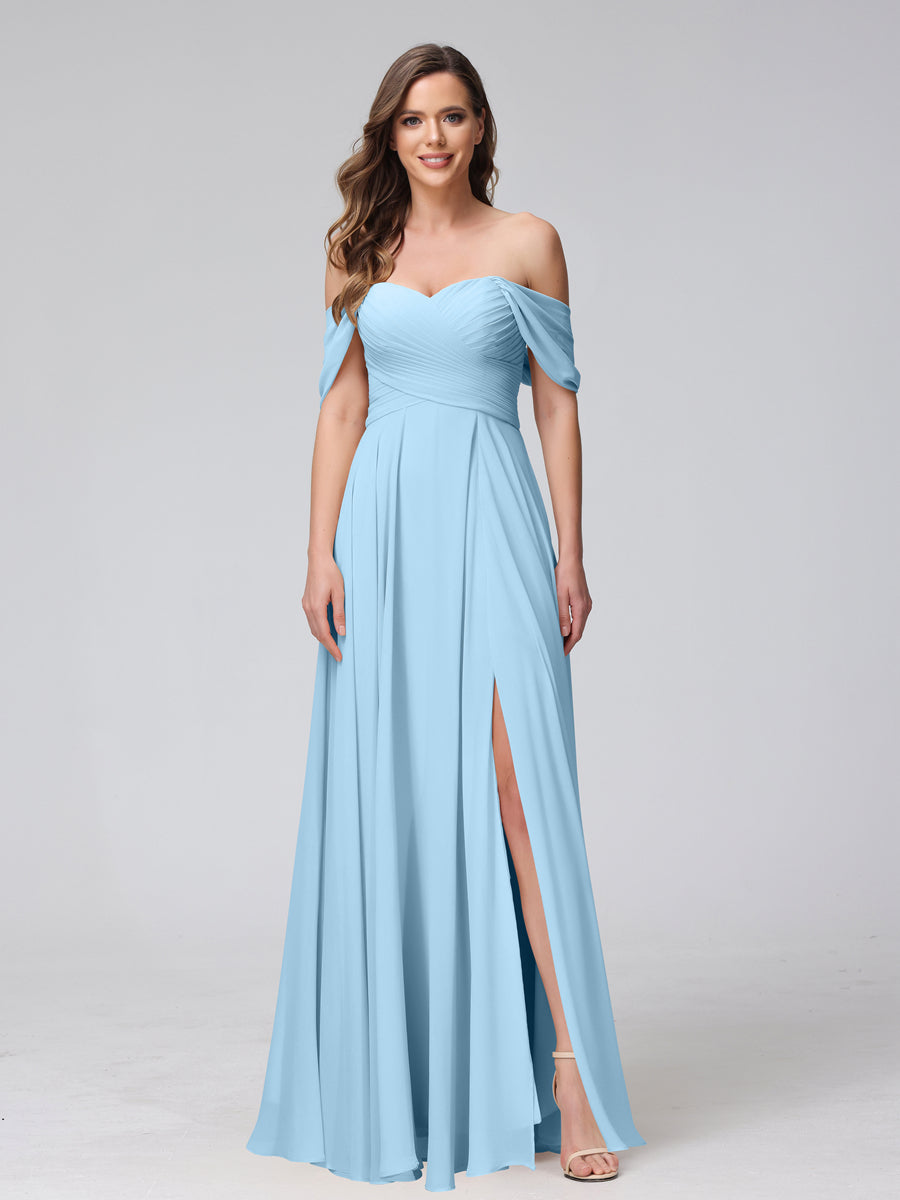 Vestidos de Dama de Honra de Chiffon Longo Sem Mangas com Ombros de Fora e Franzidos com Divisão Lateral