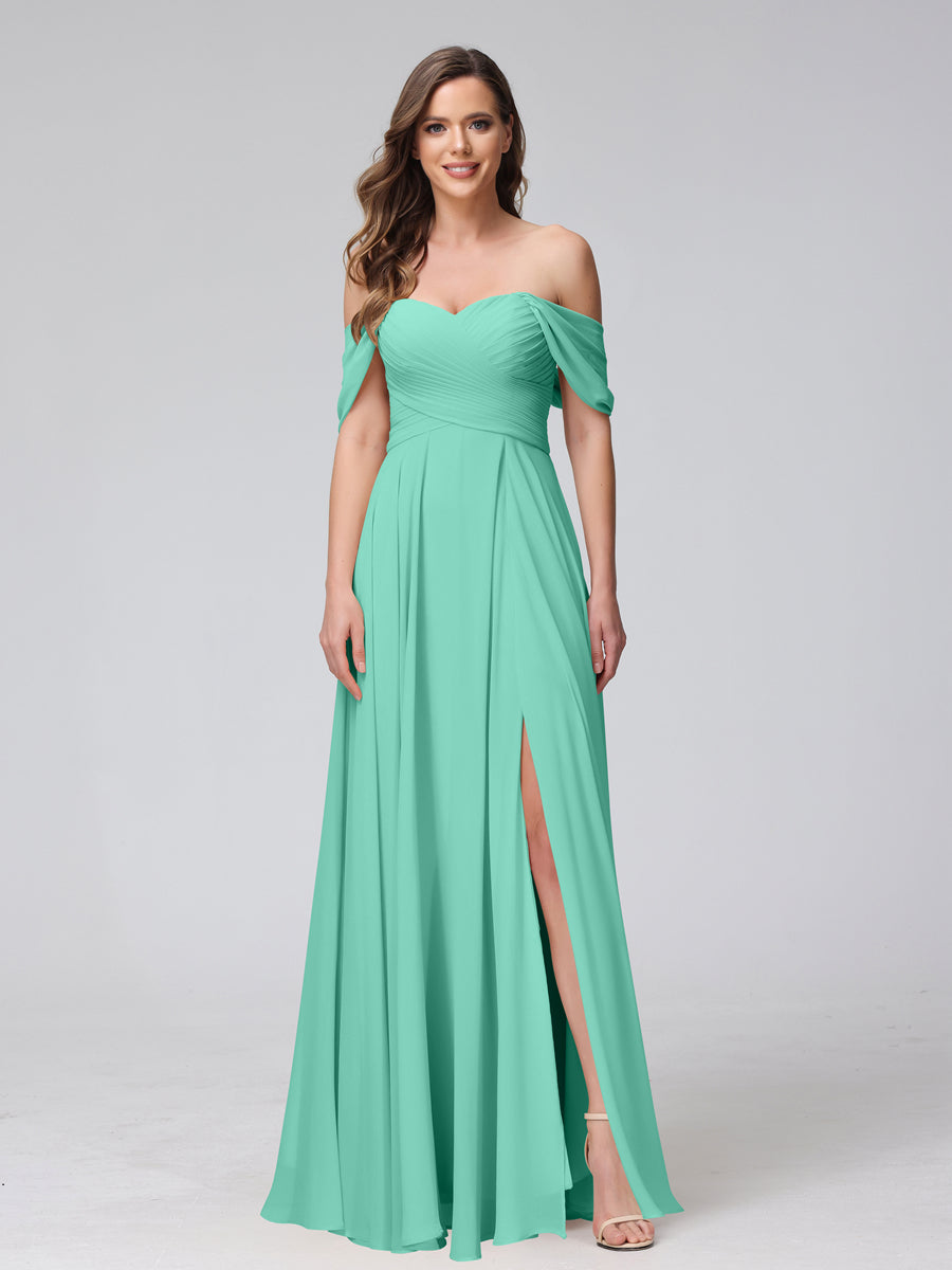 Vestidos de Dama de Honra de Chiffon Longo Sem Mangas com Ombros de Fora e Franzidos com Divisão Lateral