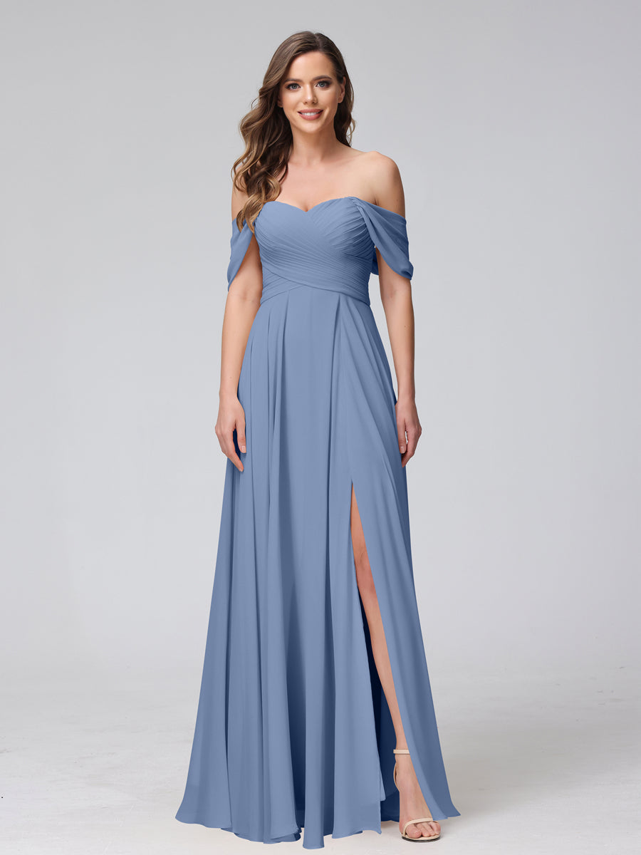 Vestidos de Dama de Honra de Chiffon Longo Sem Mangas com Ombros de Fora e Franzidos com Divisão Lateral