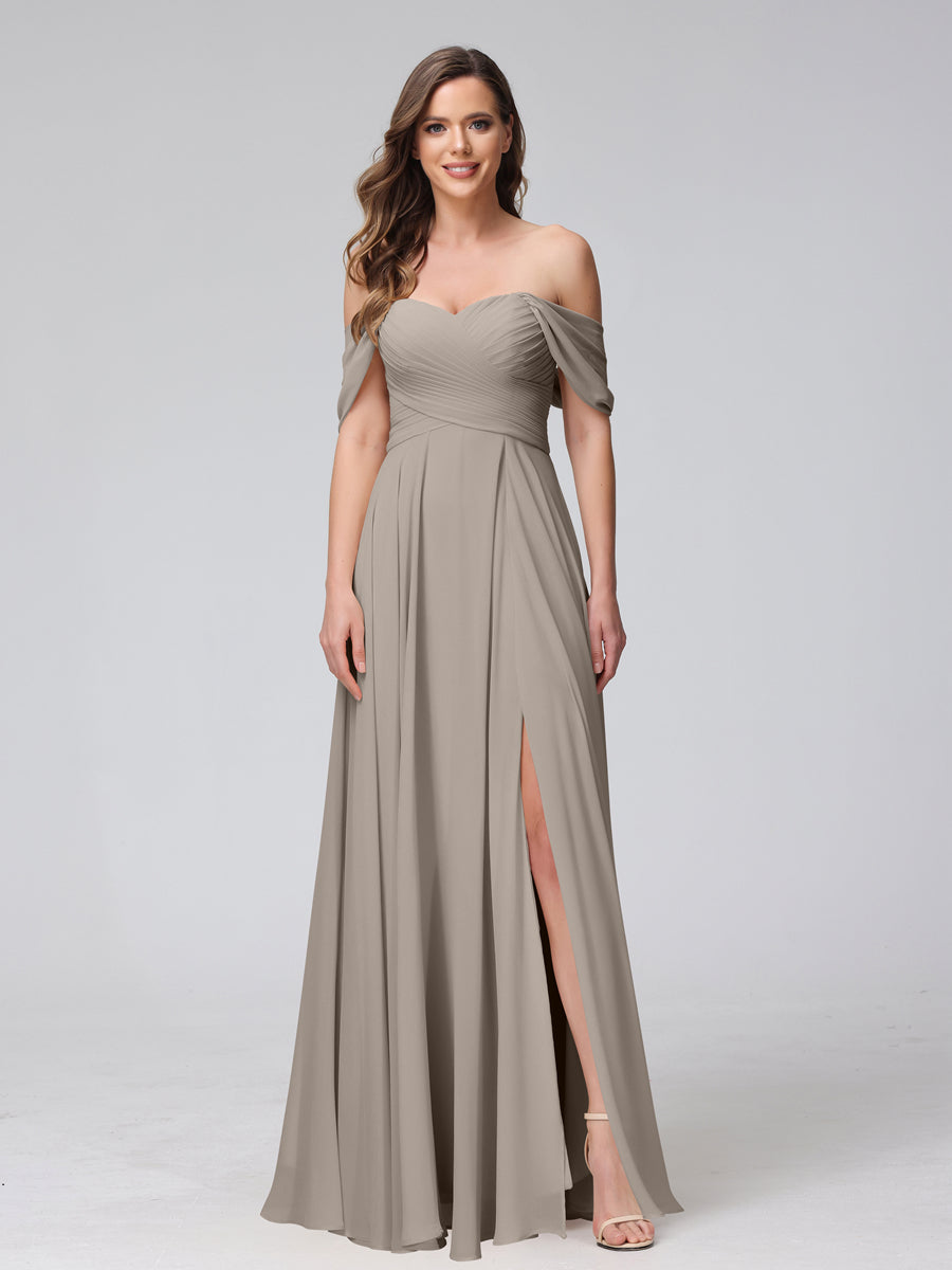 Vestidos de Dama de Honra de Chiffon Longo Sem Mangas com Ombros de Fora e Franzidos com Divisão Lateral