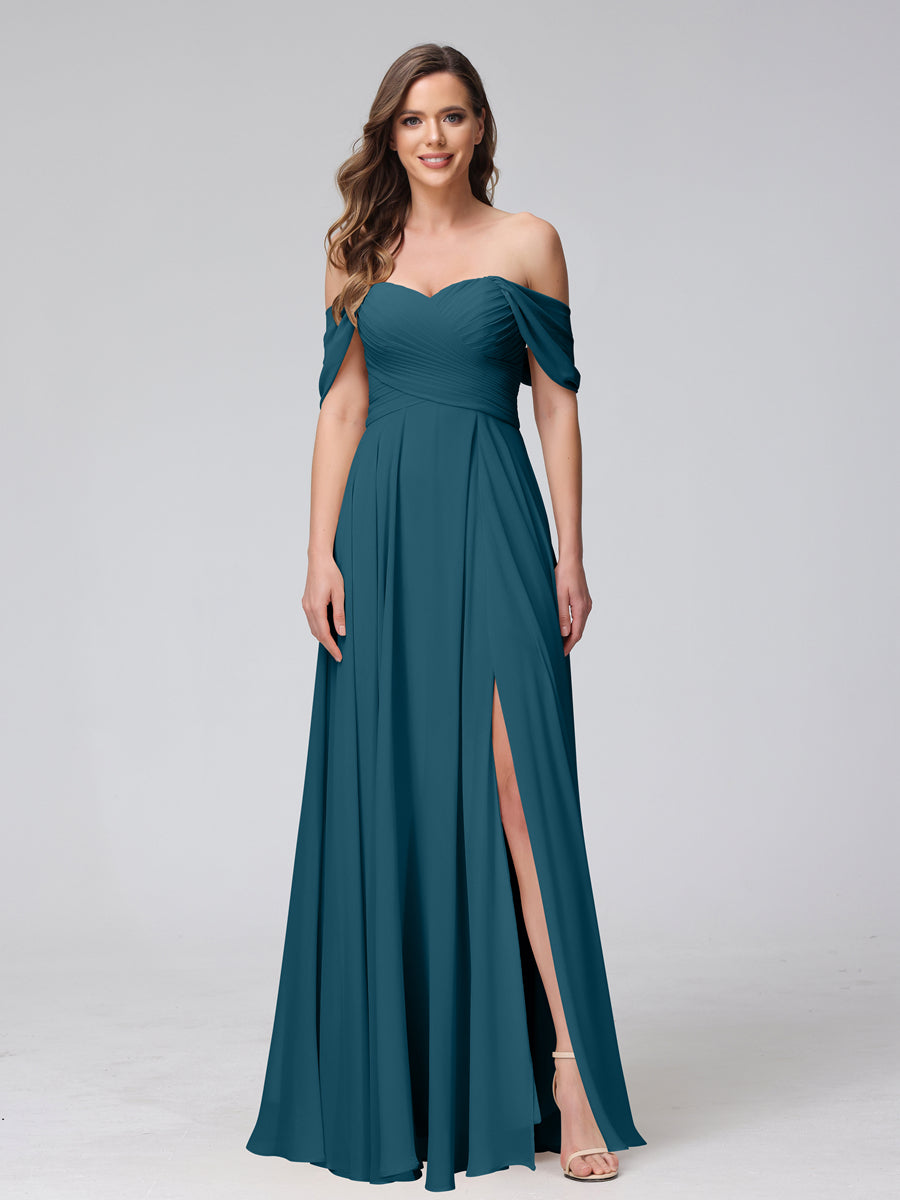 Vestidos de Dama de Honra de Chiffon Longo Sem Mangas com Ombros de Fora e Franzidos com Divisão Lateral